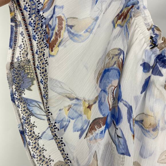 WHITE HOUSE BLACK MARKET White Blue Floral Off-Shoulder Beaded Boho Top Size XXS - Picture 6 of 16